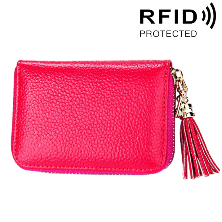 Porte-cartes portefeuille en cuir de vache véritable couleur unie avec fermeture éclair, protection RFID, porte-cartes, porte-monnaie avec pendentif à pompon & 15 emplacements pour cartes pour femmes, Taille : 11,1*7,6*3,5cm