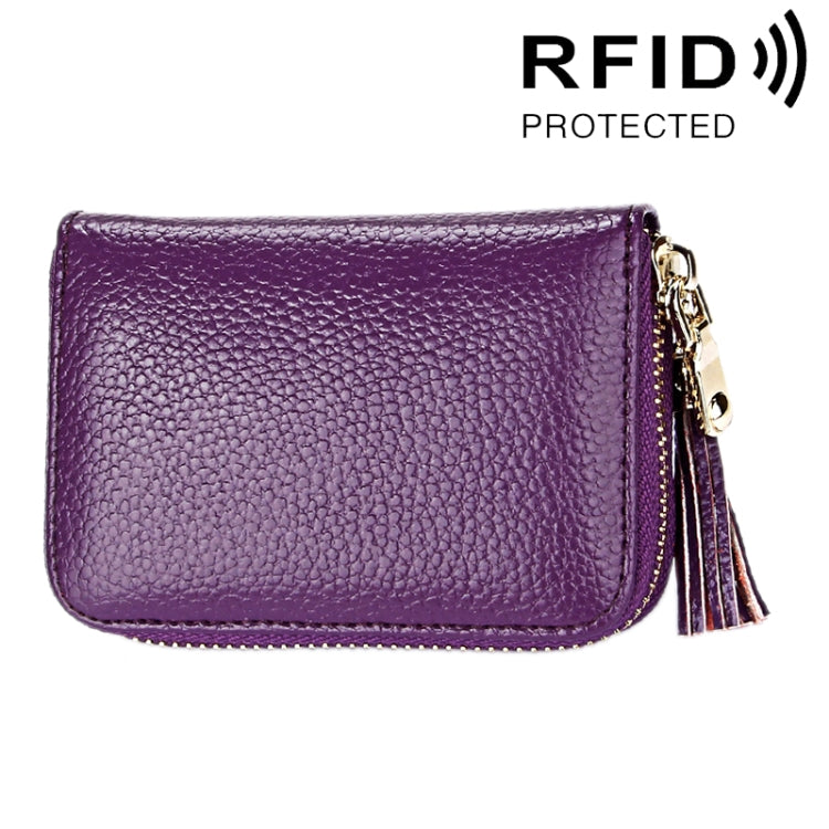 Porte-cartes portefeuille en cuir de vache véritable couleur unie avec fermeture éclair, protection RFID, porte-cartes, porte-monnaie avec pendentif à pompon & 15 emplacements pour cartes pour femmes, Taille : 11,1*7,6*3,5cm