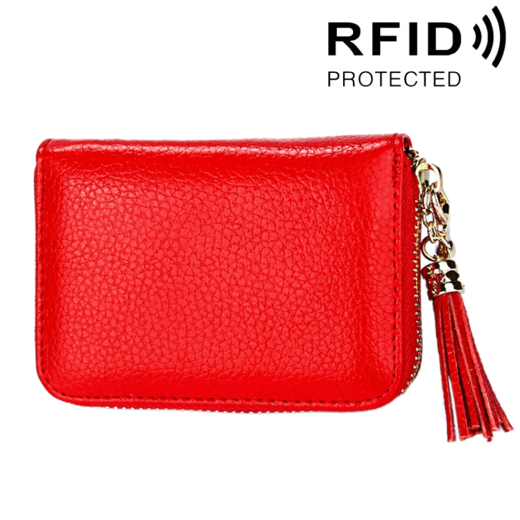 Porte-cartes portefeuille en cuir de vache véritable couleur unie avec fermeture éclair, protection RFID, porte-cartes, porte-monnaie avec pendentif à pompon & 15 emplacements pour cartes pour femmes, Taille : 11,1*7,6*3,5cm