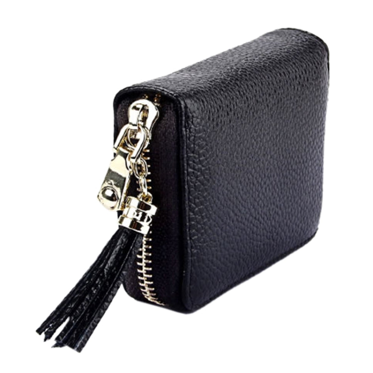 Porte-cartes portefeuille en cuir de vache véritable couleur unie avec fermeture éclair, protection RFID, porte-cartes, porte-monnaie avec pendentif à pompon & 15 emplacements pour cartes pour femmes, Taille : 11,1*7,6*3,5cm