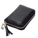Porte-cartes portefeuille en cuir de vache véritable couleur unie avec fermeture éclair, protection RFID, porte-cartes, porte-monnaie avec pendentif à pompon & 15 emplacements pour cartes pour femmes, Taille : 11,1*7,6*3,5cm