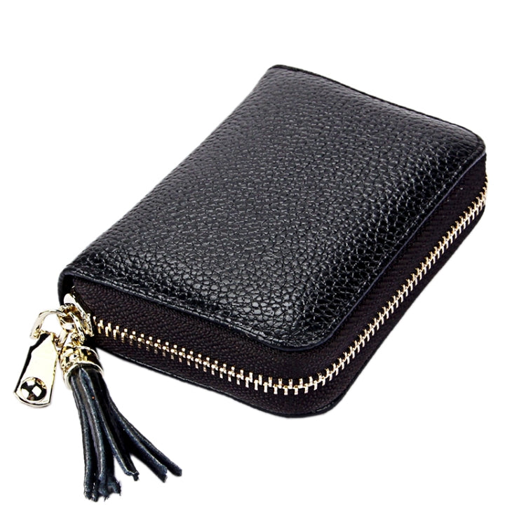 Porte-cartes portefeuille en cuir de vache véritable couleur unie avec fermeture éclair, protection RFID, porte-cartes, porte-monnaie avec pendentif à pompon & 15 emplacements pour cartes pour femmes, Taille : 11,1*7,6*3,5cm