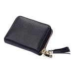 Porte-cartes portefeuille en cuir de vache véritable couleur unie avec fermeture éclair, protection RFID, porte-cartes, porte-monnaie avec pendentif à pompon & 15 emplacements pour cartes pour femmes, Taille : 11,1*7,6*3,5cm