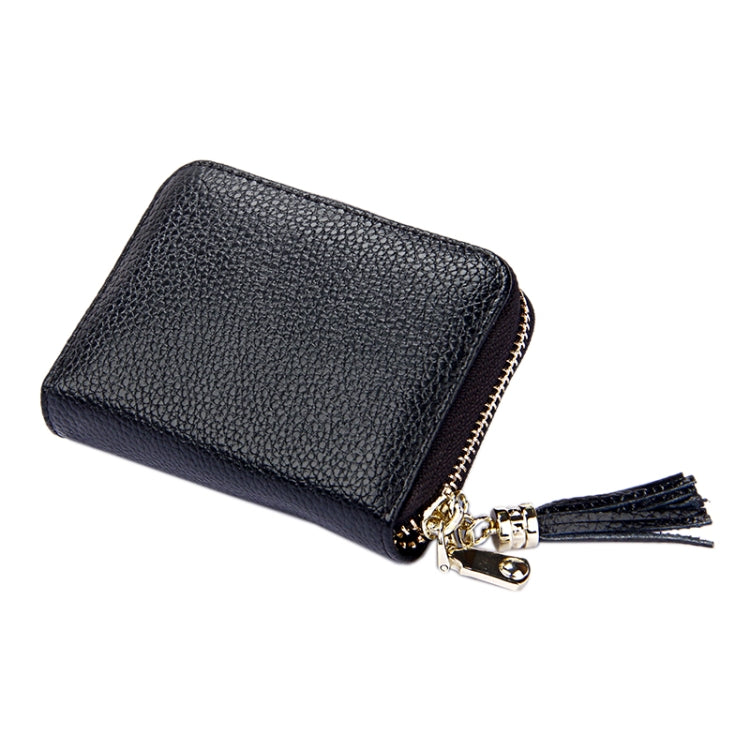 Porte-cartes portefeuille en cuir de vache véritable couleur unie avec fermeture éclair, protection RFID, porte-cartes, porte-monnaie avec pendentif à pompon & 15 emplacements pour cartes pour femmes, Taille : 11,1*7,6*3,5cm