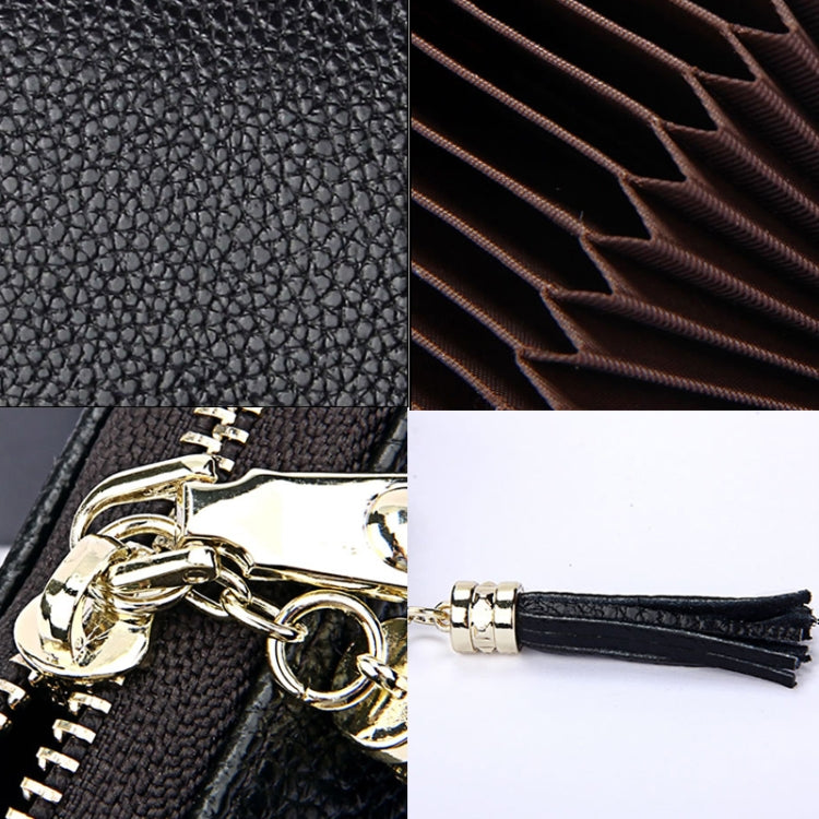 Porte-cartes portefeuille en cuir de vache véritable couleur unie avec fermeture éclair, protection RFID, porte-cartes, porte-monnaie avec pendentif à pompon & 15 emplacements pour cartes pour femmes, Taille : 11,1*7,6*3,5cm