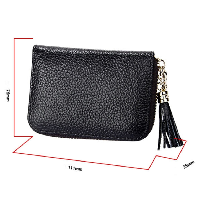 Porte-cartes portefeuille en cuir de vache véritable couleur unie avec fermeture éclair, protection RFID, porte-cartes, porte-monnaie avec pendentif à pompon & 15 emplacements pour cartes pour femmes, Taille : 11,1*7,6*3,5cm