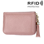 Porte-cartes portefeuille en cuir de vache véritable couleur unie avec fermeture éclair, protection RFID, porte-cartes, porte-monnaie avec pendentif à pompon & 15 emplacements pour cartes pour femmes, Taille : 11,1*7,6*3,5cm