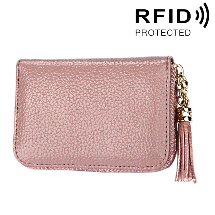 Porte-cartes portefeuille en cuir de vache véritable couleur unie avec fermeture éclair, protection RFID, porte-cartes, porte-monnaie avec pendentif à pompon & 15 emplacements pour cartes pour femmes, Taille : 11,1*7,6*3,5cm