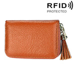 Porte-cartes portefeuille en cuir de vache véritable couleur unie avec fermeture éclair, protection RFID, porte-cartes, porte-monnaie avec pendentif à pompon & 15 emplacements pour cartes pour femmes, Taille : 11,1*7,6*3,5cm