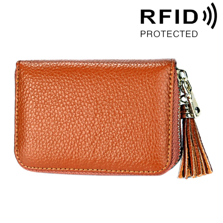 Porte-cartes portefeuille en cuir de vache véritable couleur unie avec fermeture éclair, protection RFID, porte-cartes, porte-monnaie avec pendentif à pompon & 15 emplacements pour cartes pour femmes, Taille : 11,1*7,6*3,5cm
