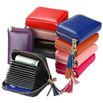 Porte-cartes portefeuille en cuir de vache véritable couleur unie avec fermeture éclair, protection RFID, porte-cartes, porte-monnaie avec pendentif à pompon & 15 emplacements pour cartes pour femmes, Taille : 11,1*7,6*3,5cm