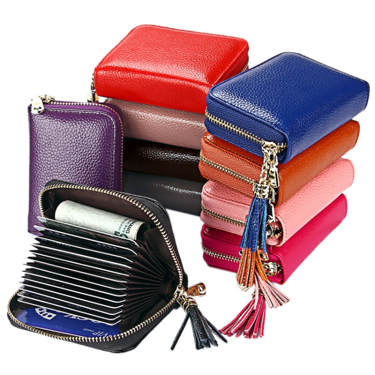 Porte-cartes portefeuille en cuir de vache véritable couleur unie avec fermeture éclair, protection RFID, porte-cartes, porte-monnaie avec pendentif à pompon & 15 emplacements pour cartes pour femmes, Taille : 11,1*7,6*3,5cm