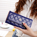Portefeuille long pliable en cuir PU avec texture argyle à couronne métallique, design 3 plis, porte-monnaie pour femmes