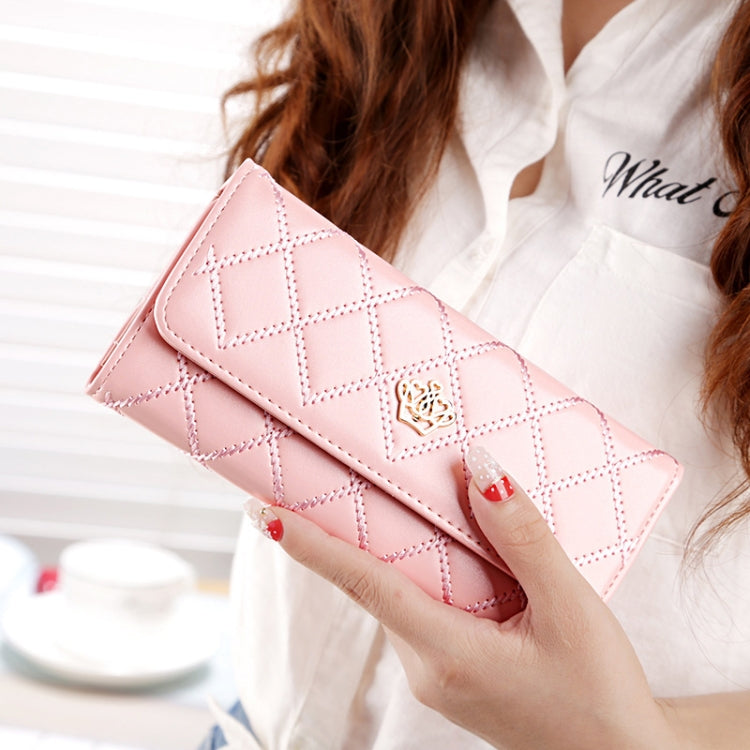 Portefeuille long pliable en cuir PU avec texture argyle à couronne métallique, design 3 plis, porte-monnaie pour femmes