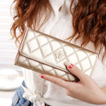 Portefeuille long pliable en cuir PU avec texture argyle à couronne métallique, design 3 plis, porte-monnaie pour femmes
