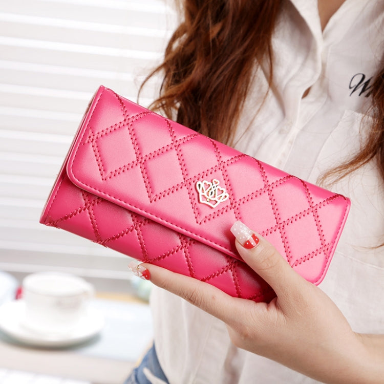 Portefeuille long pliable en cuir PU avec texture argyle à couronne métallique, design 3 plis, porte-monnaie pour femmes