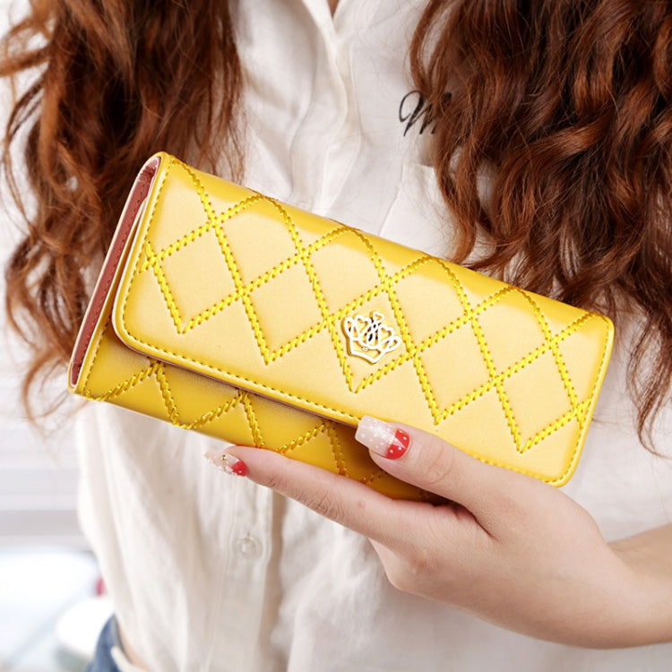 Portefeuille long pliable en cuir PU avec texture argyle à couronne métallique, design 3 plis, porte-monnaie pour femmes