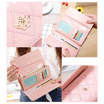 Portefeuille long pliable en cuir PU avec texture argyle à couronne métallique, design 3 plis, porte-monnaie pour femmes