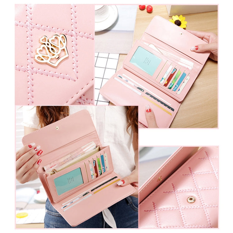 Portefeuille long pliable en cuir PU avec texture argyle à couronne métallique, design 3 plis, porte-monnaie pour femmes