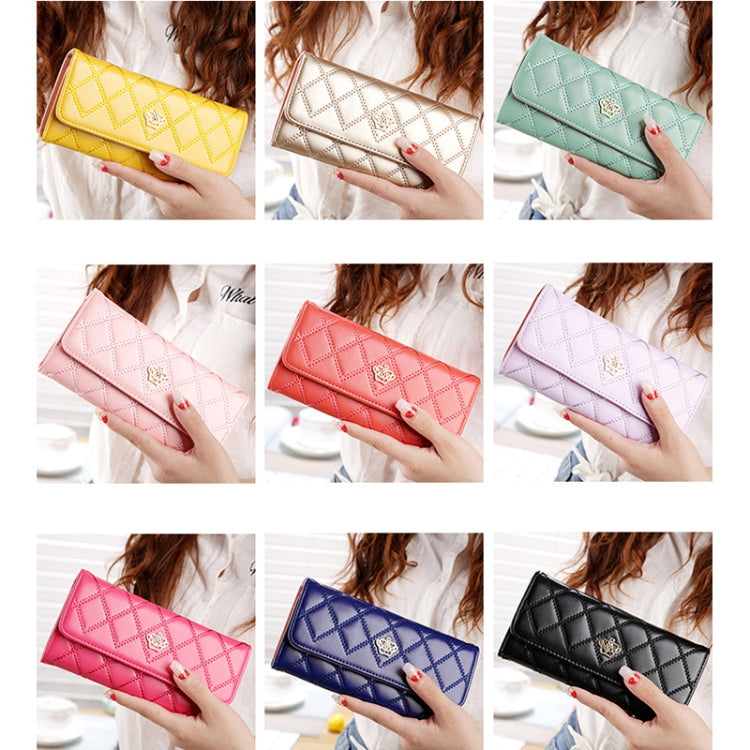Portefeuille long pliable en cuir PU avec texture argyle à couronne métallique, design 3 plis, porte-monnaie pour femmes