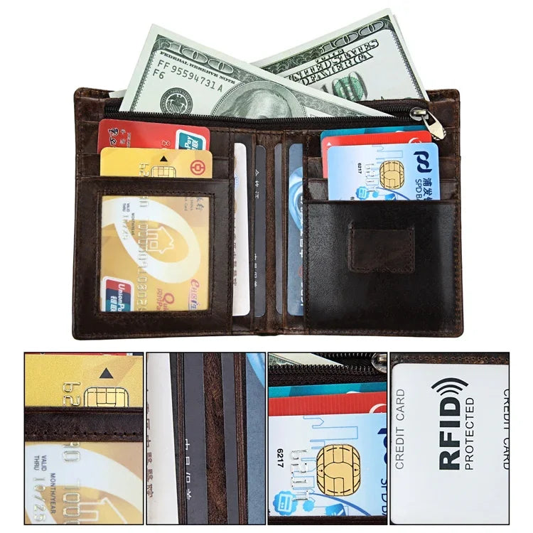 8232 Portefeuille en cuir huilé pour homme antimagnetique RFID avec porte-cartes détachable, 8232