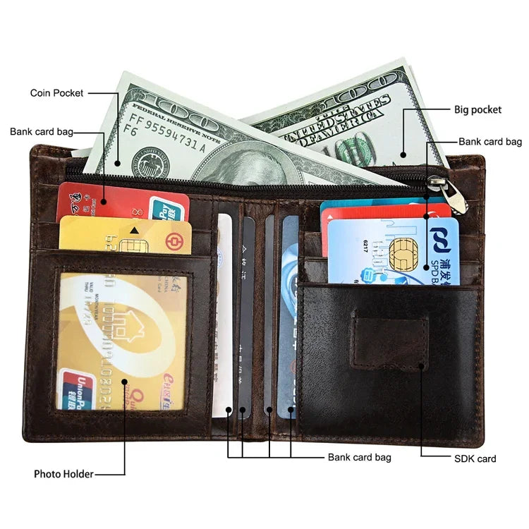 8232 Portefeuille en cuir huilé pour homme antimagnetique RFID avec porte-cartes détachable, 8232