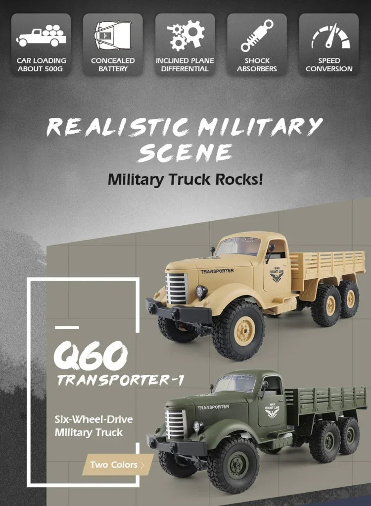 Camion militaire tout-terrain JJR/C Q60 Transporter-1, miniature 1:16, radiocommandée 2,4 GHz, 6 roues motrices, chenillée, jouet Q60