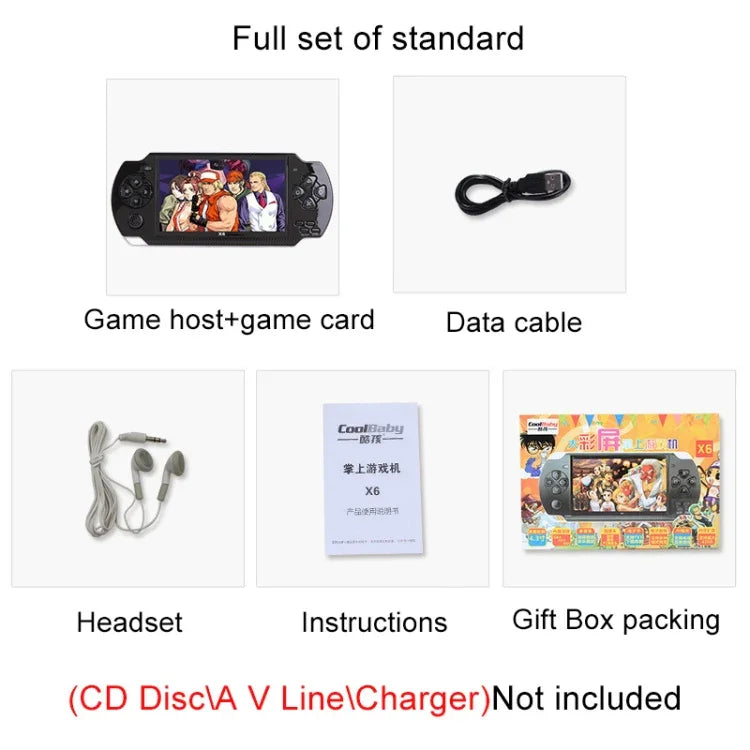 Console de jeu portable rétro X6 avec écran de 4,3 pouces, caméra 3 MP, 10 000 jeux intégrés, compatible avec la lecture de livres électroniques, l'enregistrement, la lecture de musique et de vidéos.