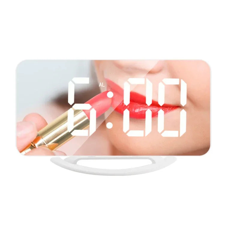 TS-8201-W Miroir de maquillage LED multifonctionnel Horloge de bureau Alarme électronique photosensible automatique