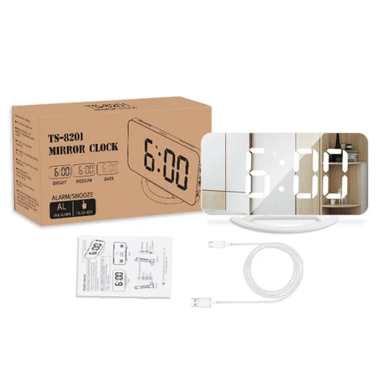 TS-8201-W Miroir de maquillage LED multifonctionnel Horloge de bureau Alarme électronique photosensible automatique