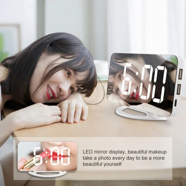 TS-8201-W Miroir de maquillage LED multifonctionnel Horloge de bureau Alarme électronique photosensible automatique