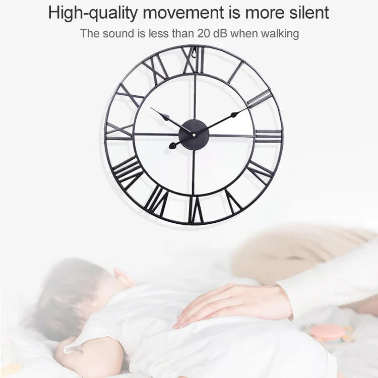 Horloge Murale Décorative Silencieuse en Fer Rond à Chiffres Romains Rétro 45cm, 45cm