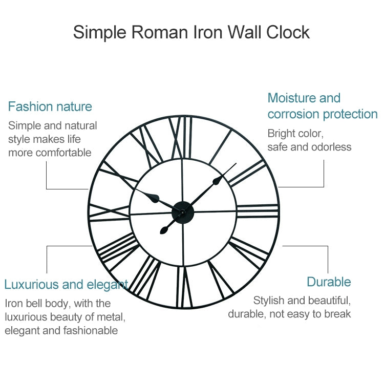 Horloge murale décorative ronde rétro silencieuse en fer avec chiffres romains pour salon 60cm (Blanc), 50cm