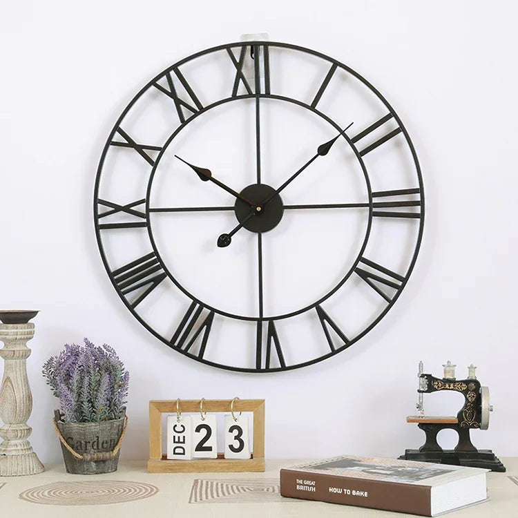 Horloge murale décorative silencieuse ronde en fer avec chiffres romains pour salon rétro, 80cm