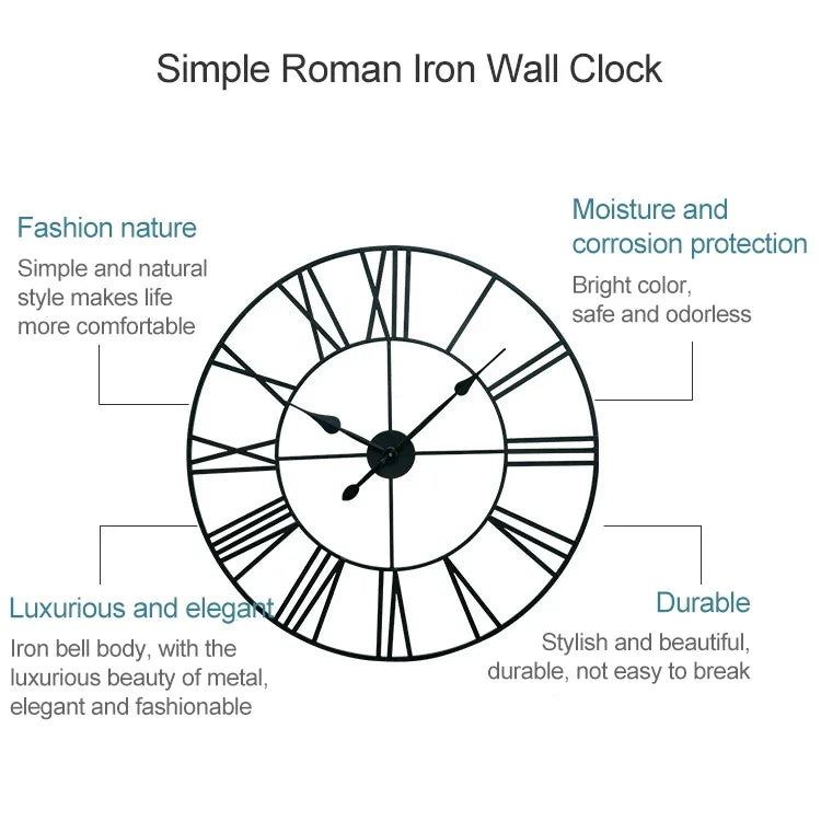 Horloge murale décorative silencieuse ronde en fer avec chiffres romains pour salon rétro, 80cm