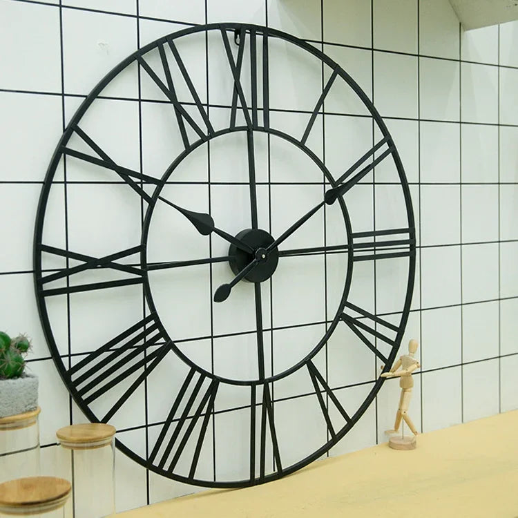 Horloge murale décorative silencieuse ronde en fer avec chiffres romains pour salon rétro, 80cm