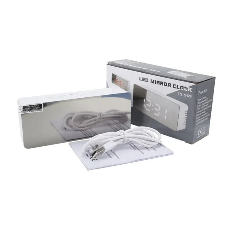 TS-S69-R Horloge LED multifonctionnelle avec alarme, double mode d'alimentation (piles/secteur), miroir de maquillage, TS-S69-G, TS-S69-HW