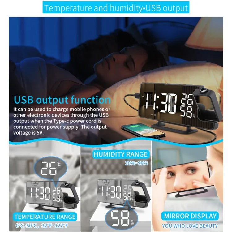 Réveil numérique TS-9210 avec projection miroir, radio FM et température/humidité, TS-9210 avec radio FM