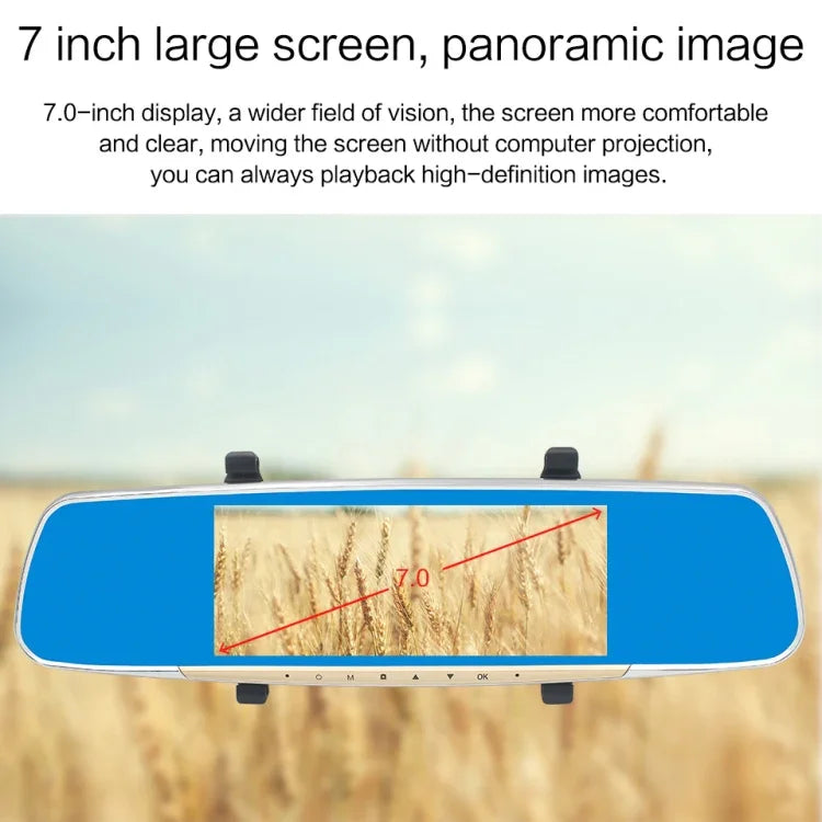Enregistreur voiture V100 avec écran tactile LCD 7 pouces, miroir de vue arrière avec caméra séparée, angle de vue large 170 degrés, support vision nocturne / enregistrement en boucle / détection de mouvement / capteur G / carte TF, 7 pouces