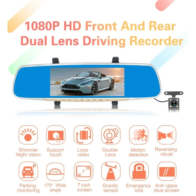 Enregistreur voiture V100 avec écran tactile LCD 7 pouces, miroir de vue arrière avec caméra séparée, angle de vue large 170 degrés, support vision nocturne / enregistrement en boucle / détection de mouvement / capteur G / carte TF, 7 pouces