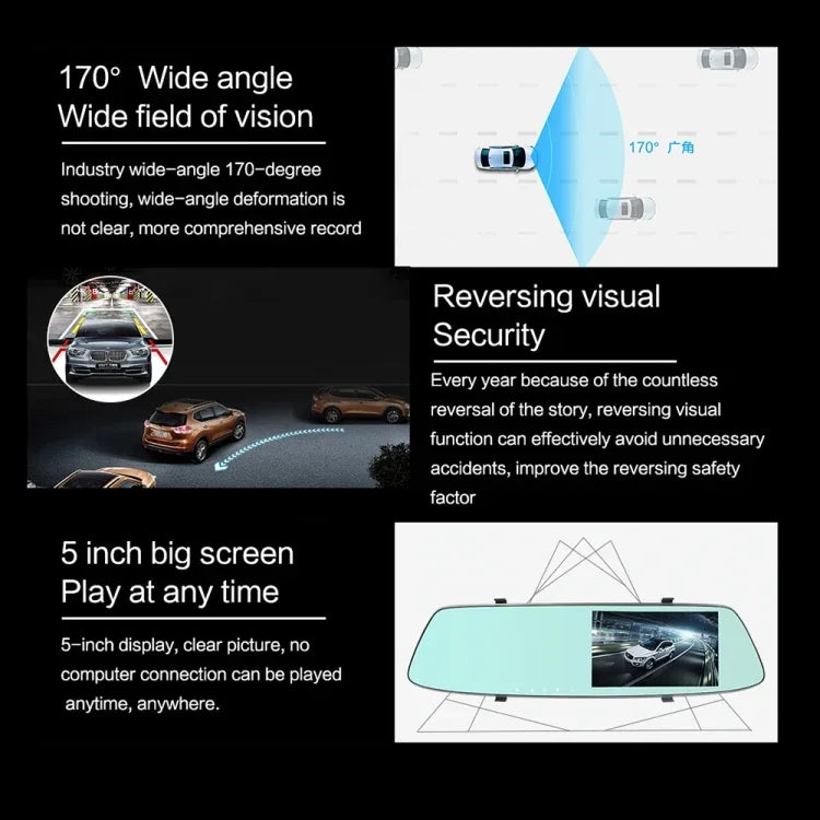 Enregistreur de voiture avec écran tactile LCD 5 pouces G705, miroir de vue arrière avec caméra séparée, angle de vue large de 170 degrés, support enregistrement en boucle / détection de mouvement / capteur G / carte TF, G705