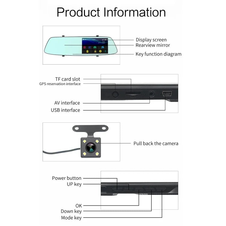 Enregistreur de voiture avec écran tactile LCD 5 pouces G705, miroir de vue arrière avec caméra séparée, angle de vue large de 170 degrés, support enregistrement en boucle / détection de mouvement / capteur G / carte TF, G705