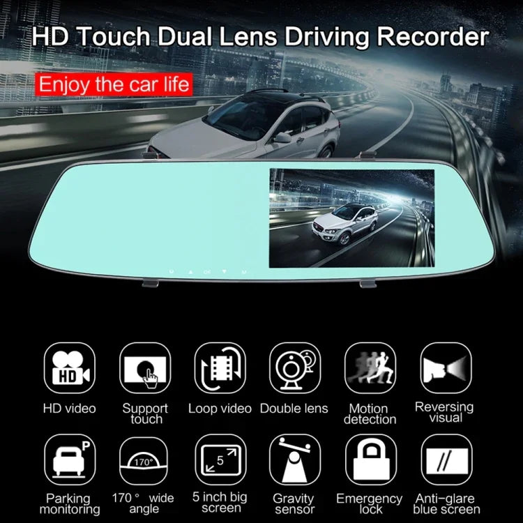 Enregistreur de voiture avec écran tactile LCD 5 pouces G705, miroir de vue arrière avec caméra séparée, angle de vue large de 170 degrés, support enregistrement en boucle / détection de mouvement / capteur G / carte TF, G705