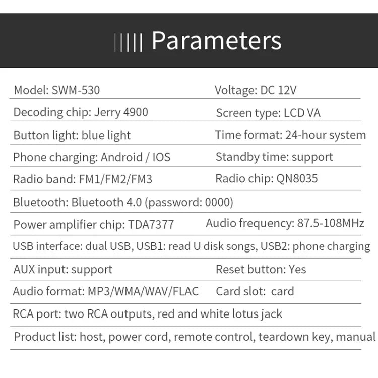 SWM-530 Autoradio universel 12 V avec double chargeur USB, lecteur MP3, support FM et Bluetooth avec télécommande, SWM-530