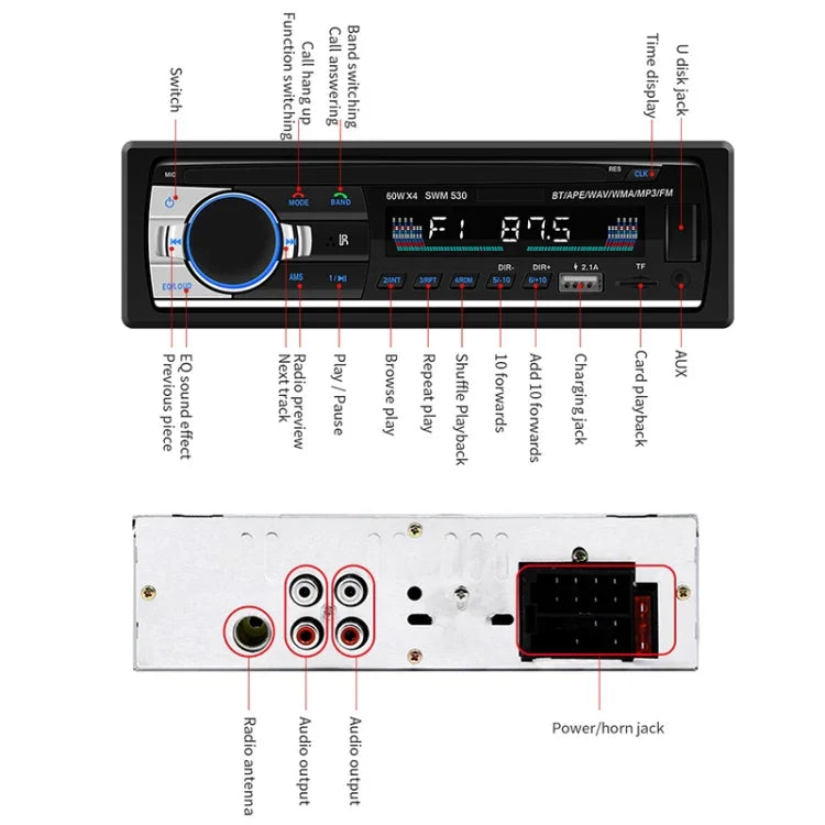 SWM-530 Autoradio universel 12 V avec double chargeur USB, lecteur MP3, support FM et Bluetooth avec télécommande, SWM-530