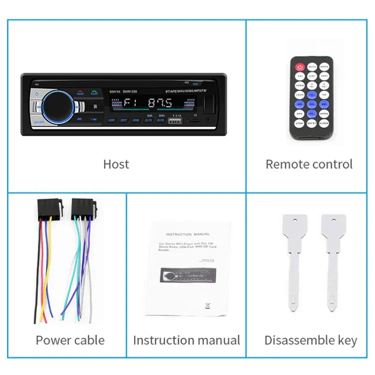 SWM-530 Autoradio universel 12 V avec double chargeur USB, lecteur MP3, support FM et Bluetooth avec télécommande, SWM-530