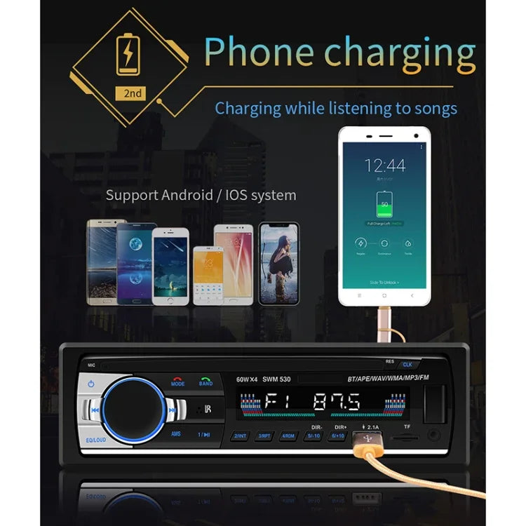 SWM-530 Autoradio universel 12 V avec double chargeur USB, lecteur MP3, support FM et Bluetooth avec télécommande, SWM-530
