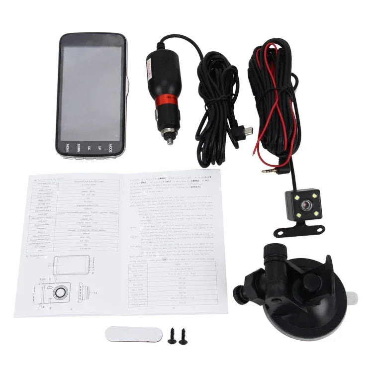 Enregistreur vidéo HD 4 pouces avec affichage HD, caméra F2.0 séparée, 12MP angle large 170 degrés / enregistrement en boucle vue arrière / enregistrement capteur G / WDR Full HD / caméra avant 1080P / caméra arrière 720P / support carte TF 32G, 4 pouces