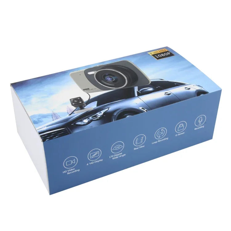 Enregistreur vidéo HD 4 pouces avec affichage HD, caméra F2.0 séparée, 12MP angle large 170 degrés / enregistrement en boucle vue arrière / enregistrement capteur G / WDR Full HD / caméra avant 1080P / caméra arrière 720P / support carte TF 32G, 4 pouces
