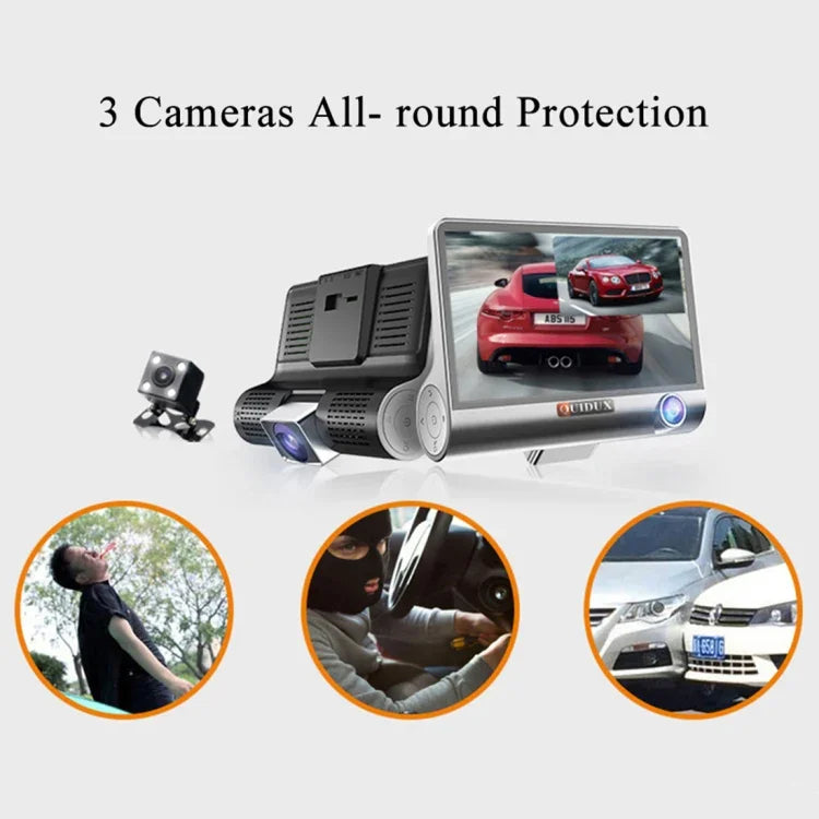 Écran IPS 4.0 pouces 5.0 mégapixels 170 degrés grand angle Full HD 1080P DVR voiture vidéo 3 canaux, support lumière de remplissage vision nocturne / visualisation de recul / carte TF (32GB max) / capteur G / détection de mouvement, 170 degrés